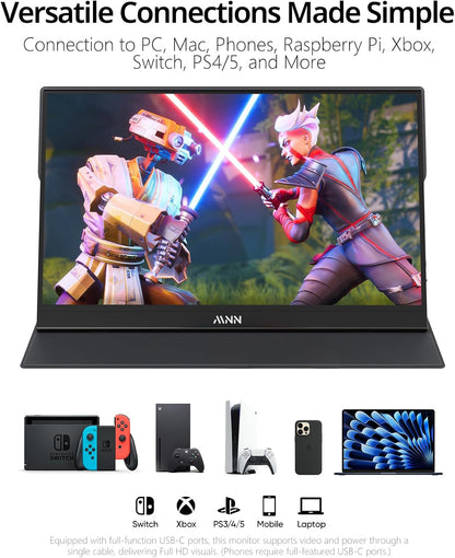 MNN Portable Monitor 15.6inch FHD 1080P 60Hz USB C HDMI Gaming Ultra-Slim IPS Display w/Smart Cover & Speakers,HDR Plug&Play, External Monitor for Laptop PC Phone Mac (15.6'' 1080P)