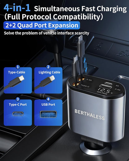 BERTHALESS Retractable Car Charger, 4 in 1 Fast Charging Car Charger with USB-C & USB-A, Compatible with iPhone 17/16/15/14/13/12/11,Galaxy,Pixel, Car Accessories for Men Women Drivers, Dad, Husband