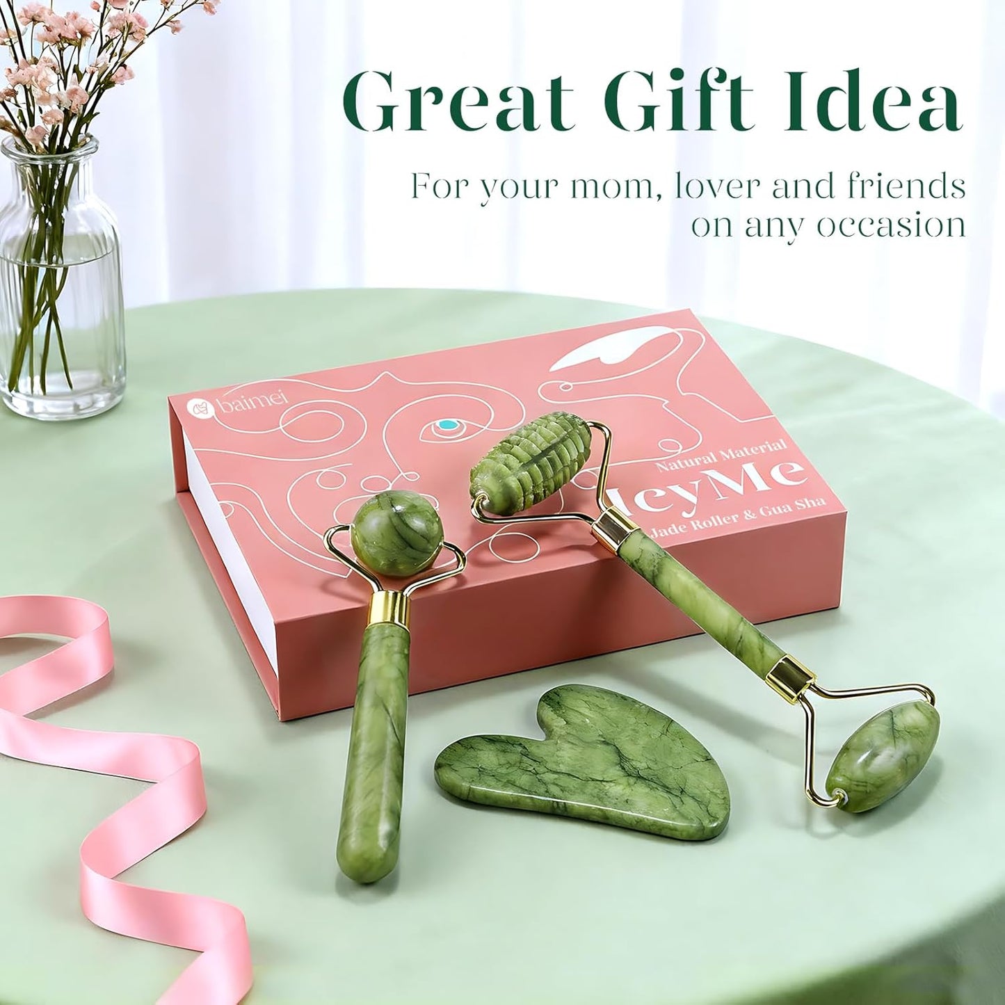 BAIMEI IcyMe Gua Sha and Jade Roller for Face, Natural Jade Face Roller with Ridge Design for Reducing Puffiness & Skin Firming,Facial Sculpting Tool, Self Care Gift for Women Men