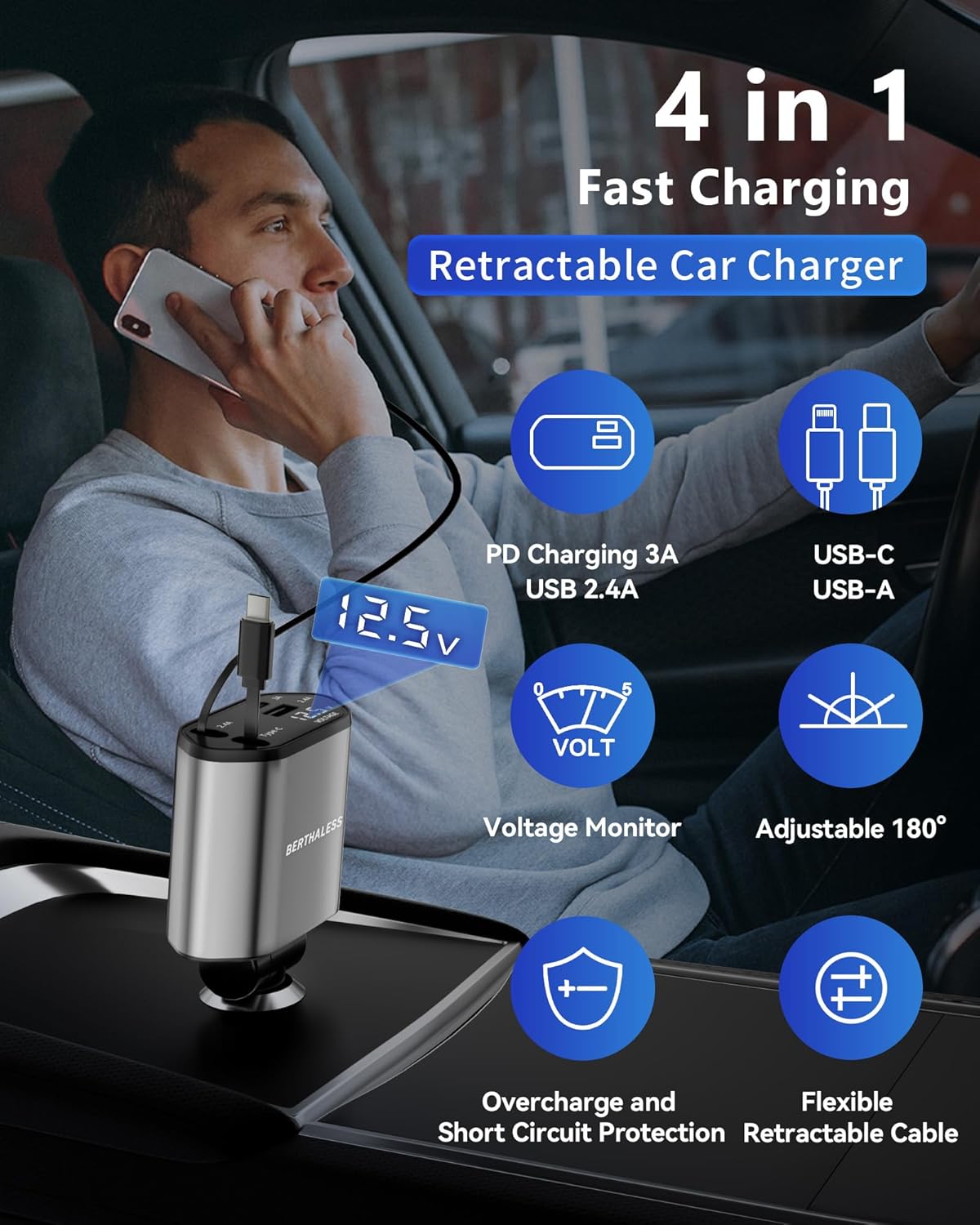 BERTHALESS Retractable Car Charger, 4 in 1 Fast Charging Car Charger with USB-C & USB-A, Compatible with iPhone 17/16/15/14/13/12/11,Galaxy,Pixel, Car Accessories for Men Women Drivers, Dad, Husband