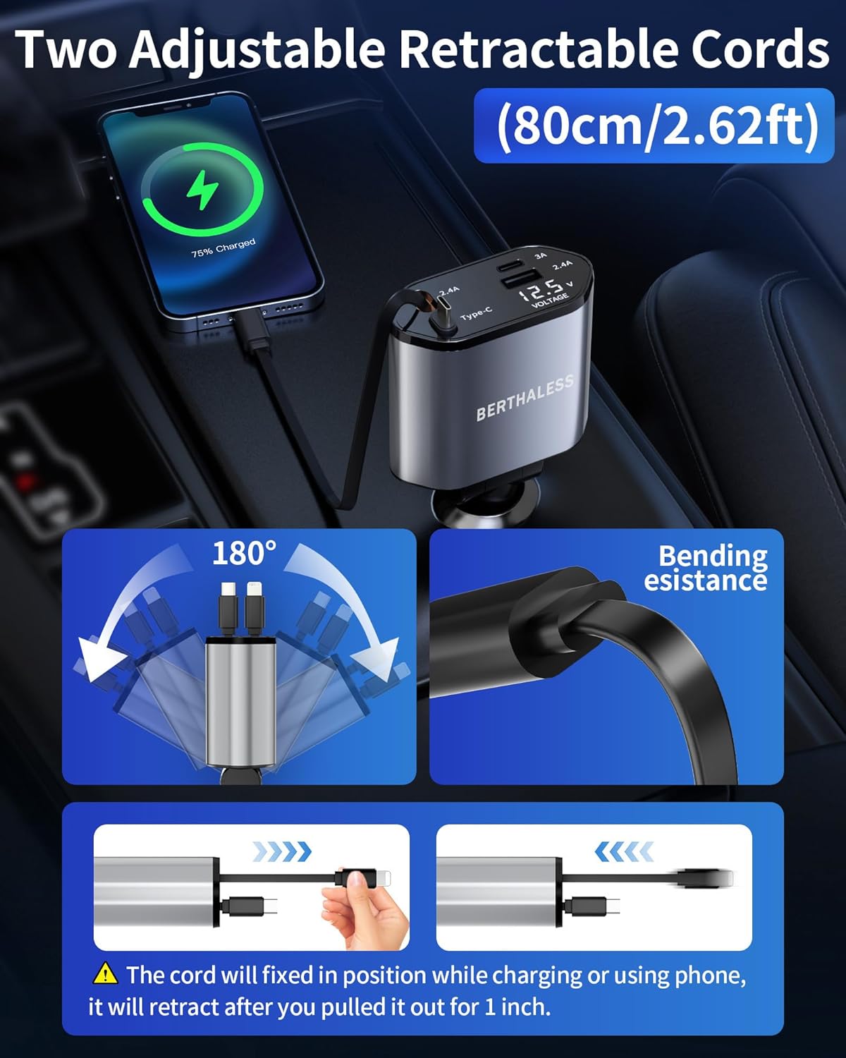 BERTHALESS Retractable Car Charger, 4 in 1 Fast Charging Car Charger with USB-C & USB-A, Compatible with iPhone 17/16/15/14/13/12/11,Galaxy,Pixel, Car Accessories for Men Women Drivers, Dad, Husband
