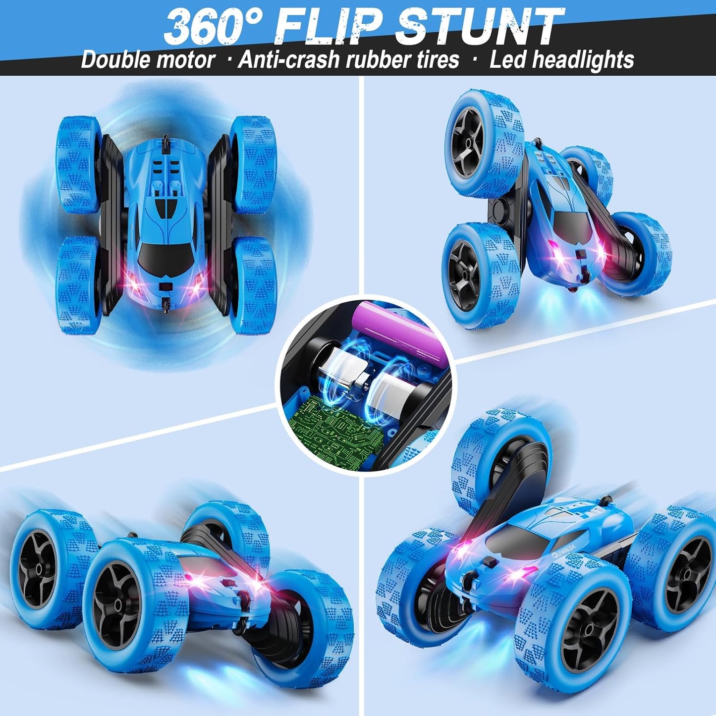 QUNREDA Remote Control Car, RC Cars Toys for Kids Ages 6-12, 4WD Stunt Car with LED Lights & 360° Flips, 2.4GHz, Upgraded USB-C Modular Batteries, 8-10 Year Old Boys Birthday Gift 1-Blue