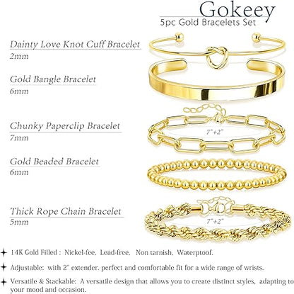 Gokeey Gold Bracelets Set for Women Non Tarnish, Waterproof 14K Gold Plated Sterling Silver Chunky Cuff Bracelet Stackable Gold Bangles Bracelet for Women