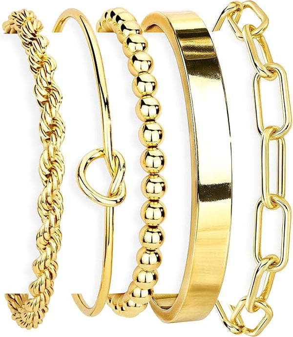 Gokeey Gold Bracelets Set for Women Non Tarnish, Waterproof 14K Gold Plated Sterling Silver Chunky Cuff Bracelet Stackable Gold Bangles Bracelet for Women